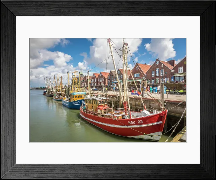 Framed Print : Shrimp boats in the harbor of Neuharlingersiel, East Frisia, Lower Saxony, Germany