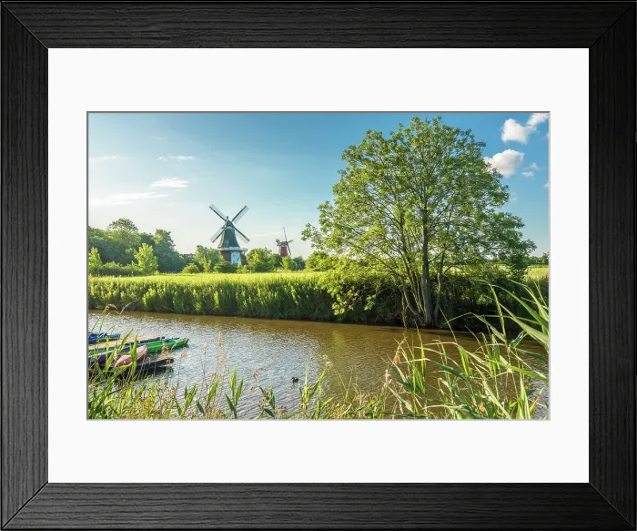 Framed Print : Canal with the twin mills, Greetsiel, East Frisia, Lower Saxony, Germany Framed Print : Canal with the twin mills, Greetsiel, East Frisia, Lower Saxony, Germany
