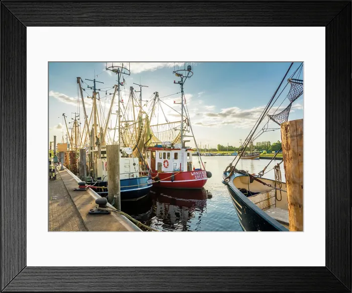 Framed Print : Shrimp boats in the harbor of Greetsiel at sunrise, East Frisia, Lower Saxony, Germany Framed Print : Shrimp boats in the harbor of Greetsiel at sunrise, East Frisia, Lower Saxony, Germany