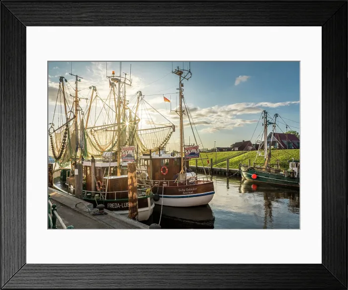 Framed Print : Shrimp boats in the harbor of Greetsiel at sunrise, East Frisia, Lower Saxony, Germany Framed Print : Shrimp boats in the harbor of Greetsiel at sunrise, East Frisia, Lower Saxony, Germany