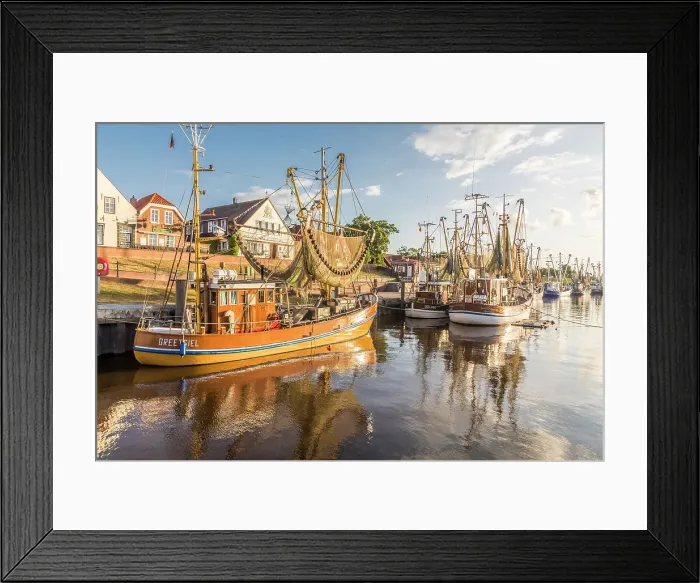 Framed Print : Shrimp boats in the harbor of Greetsiel at sunrise, East Frisia, Lower Saxony, Germany