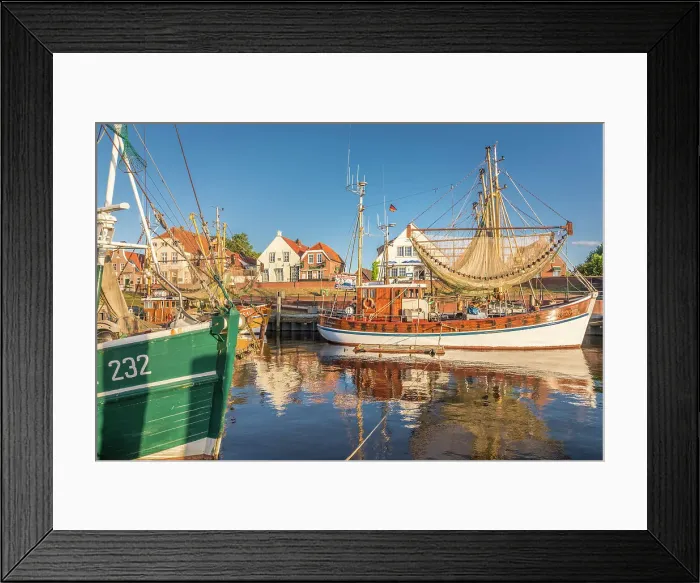 Framed Print : Shrimp boats in the harbor of Greetsiel at sunrise, East Frisia, Lower Saxony, Germany