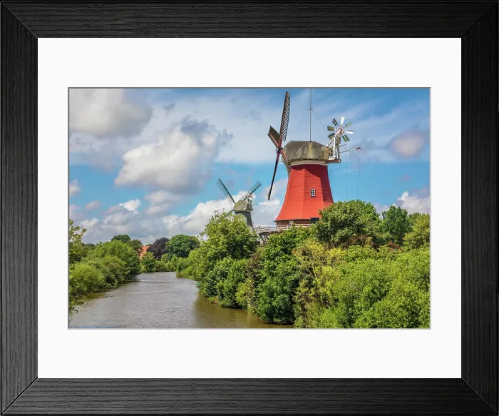 Framed Print : Twin windmills near Greetsiel, East Frisia, Lower Saxony, Germany