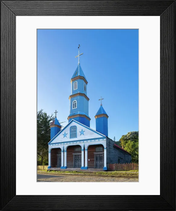 Framed Print : Facade of blue Iglesia Patrimonial Nuestra Senora del Patrocinio Church, Tenaun, Dalcahue, UNESCO, Chiloe Island, Chiloe Province, Los Lagos Region, Chile Framed Print : Facade of blue Iglesia Patrimonial Nuestra Senora del Patrocinio Church, Tenaun, Dalcahue, UNESCO, Chiloe Island, Chiloe Province, Los Lagos Region, Chile