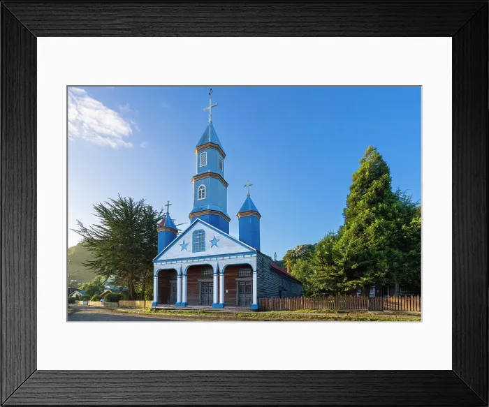 Framed Print : Facade of blue Iglesia Patrimonial Nuestra Senora del Patrocinio Church, Tenaun, Dalcahue, UNESCO, Chiloe Island, Chiloe Province, Los Lagos Region, Chile Framed Print : Facade of blue Iglesia Patrimonial Nuestra Senora del Patrocinio Church, Tenaun, Dalcahue, UNESCO, Chiloe Island, Chiloe Province, Los Lagos Region, Chile
