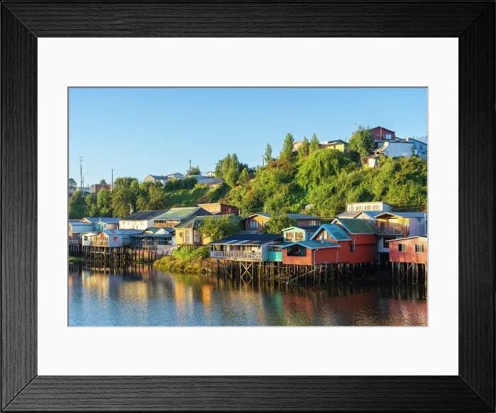 Framed Print : Stilt houses called Palafitos on Pedro Montt at sunrise, Castro, Chiloe Island, Chiloe Province, Los Lagos Region, Chile