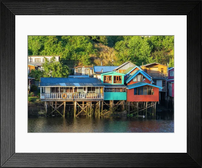 Framed Print : Stilt houses called Palafitos on Pedro Montt at sunrise, Castro, Chiloe Island, Chiloe Province, Los Lagos Region, Chile Framed Print : Stilt houses called Palafitos on Pedro Montt at sunrise, Castro, Chiloe Island, Chiloe Province, Los Lagos Region, Chile