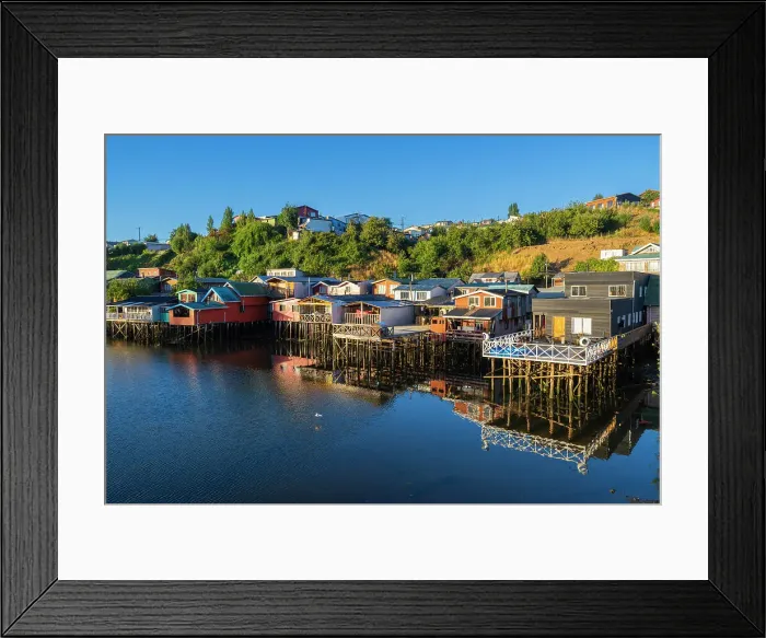 Framed Print : Stilt houses called Palafitos on Pedro Montt at sunrise, Castro, Chiloe Island, Chiloe Province, Los Lagos Region, Chile