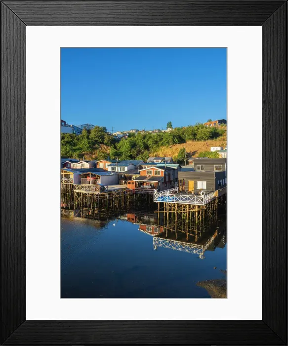 Framed Print : Stilt houses called Palafitos on Pedro Montt at sunrise, Castro, Chiloe Island, Chiloe Province, Los Lagos Region, Chile Framed Print : Stilt houses called Palafitos on Pedro Montt at sunrise, Castro, Chiloe Island, Chiloe Province, Los Lagos Region, Chile