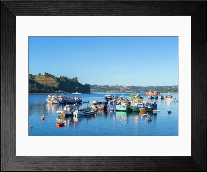 Framed Print : Moored boats in harbor, Dalcahue, Chiloe Province, Los Lagos Region, Chile Framed Print : Moored boats in harbor, Dalcahue, Chiloe Province, Los Lagos Region, Chile
