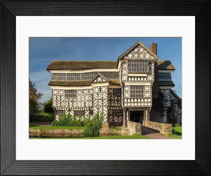 Framed Print : Little Moreton Hall, a half timbered Tudor moated manor house near Congleton in Cheshire, England. Autumn (October) 2023