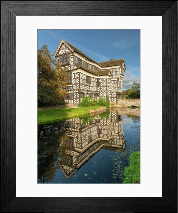 Framed Print : Tudor manor Little Moreton Hall, reflected in its moat, Congleton, Cheshire, England. Autumn (October) 2023 Framed Print : Tudor manor Little Moreton Hall, reflected in its moat, Congleton, Cheshire, England. Autumn (October) 2023