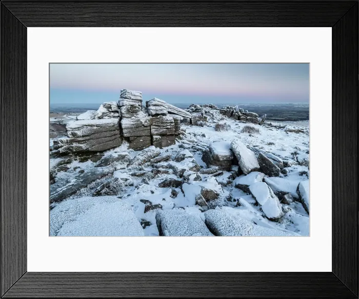 Framed Print : Snow on Belstone Tor in Dartmoor National Park, Devon, England. Winter (December) 2022 Framed Print : Snow on Belstone Tor in Dartmoor National Park, Devon, England. Winter (December) 2022