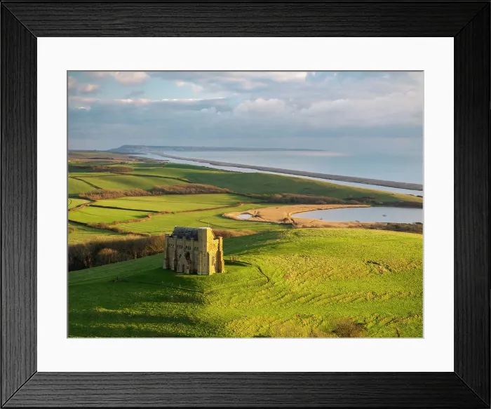 Framed Print : Aerial view of St Catherine's Chapel and Chesil Beach, Abbotsbury, Dorset, England. Winter (January) 2024 Framed Print : Aerial view of St Catherine's Chapel and Chesil Beach, Abbotsbury, Dorset, England. Winter (January) 2024