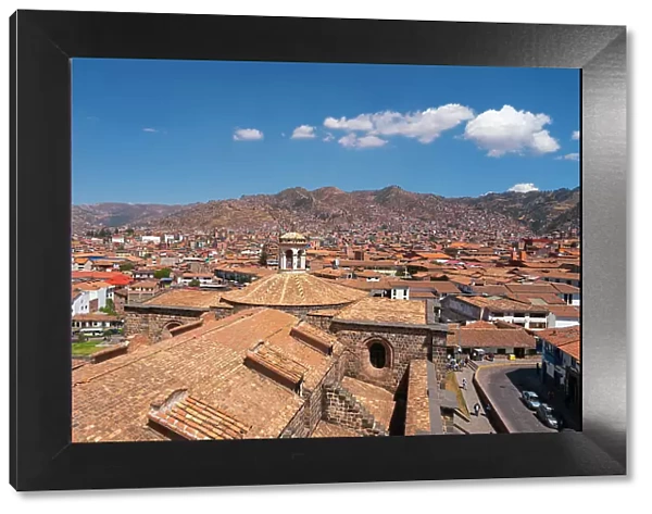 Bell tower of Coricancha with and Cusco skyline, UNESCO, Cusco, Cusco Province, Cusco Region, Peru