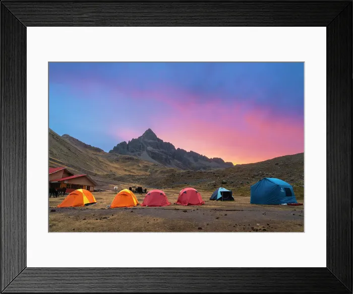 Framed Print : Tents in campground in Andean mountains near Rainbow mountain at sunset, near Uchullujllo, Pitumarca District, Canchis Province, Cuzco Region, Peru Framed Print : Tents in campground in Andean mountains near Rainbow mountain at sunset, near Uchullujllo, Pitumarca District, Canchis Province, Cuzco Region, Peru