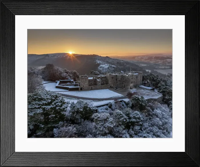Framed Print : Sunrise over snow covered Castle Drogo on a chill winter morning, Dartmoor National Park, Devon, England. Winter (December) 2023 Framed Print : Sunrise over snow covered Castle Drogo on a chill winter morning, Dartmoor National Park, Devon, England. Winter (December) 2023