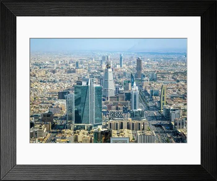 Framed Print : View over city centre and l Faisaliah Tower, Riyadh, Saudi Arabia Framed Print : View over city centre and l Faisaliah Tower, Riyadh, Saudi Arabia
