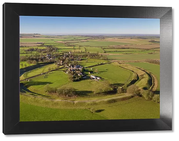 Aerial view of Avebury Rings Neolthic Henge and village, Wiltshire, England. Winter (January) 2022