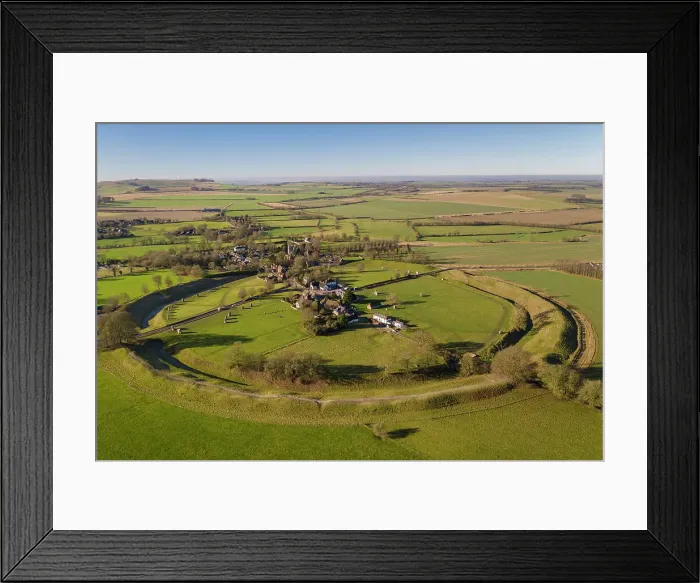 Framed Print : Aerial view of Avebury Rings Neolthic Henge and village, Wiltshire, England. Winter (January) 2022