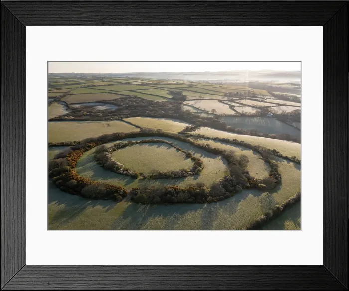 Framed Print : Aerial view of Tregeare Rounds Iron Age Hillfort near Pendoggett in North Cornwall, England. Spring (April) 2021 Framed Print : Aerial view of Tregeare Rounds Iron Age Hillfort near Pendoggett in North Cornwall, England. Spring (April) 2021