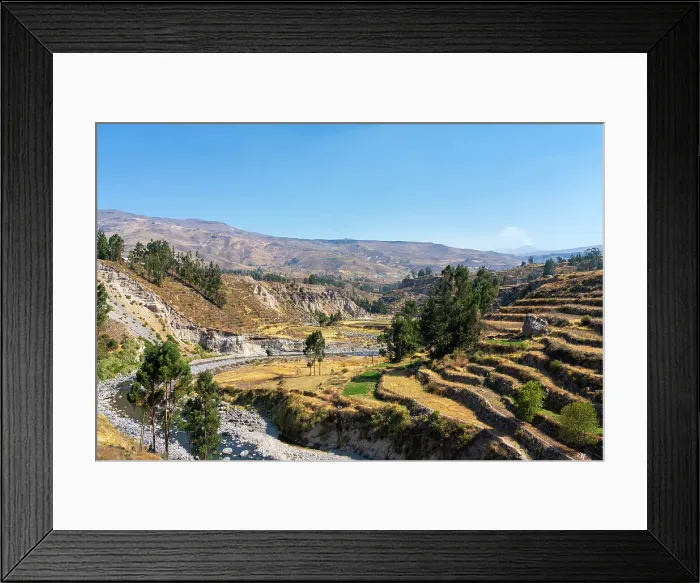 Framed Print : Terraced fields and Colca River at Canyon Colca, Yanque District, Caylloma Province, Arequipa Region, Peru Framed Print : Terraced fields and Colca River at Canyon Colca, Yanque District, Caylloma Province, Arequipa Region, Peru