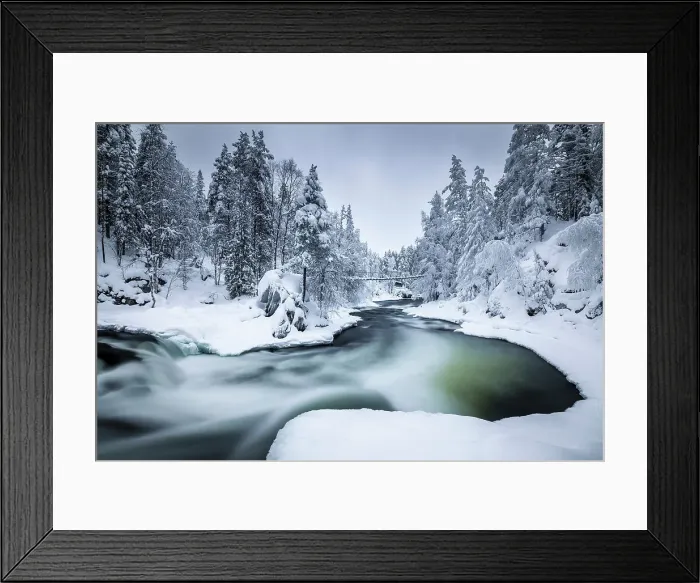 Framed Print : Bridge over river in snow-covered forest, Oulanka National Park, Finland Framed Print : Bridge over river in snow-covered forest, Oulanka National Park, Finland
