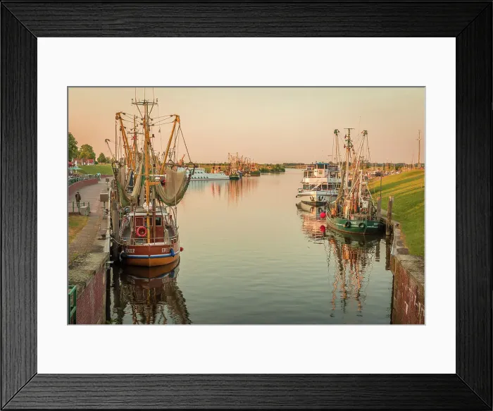 Framed Print : Shrimp boats in the harbor of Greetsiel at sunset, East Frisia, Lower Saxony, Germany Framed Print : Shrimp boats in the harbor of Greetsiel at sunset, East Frisia, Lower Saxony, Germany