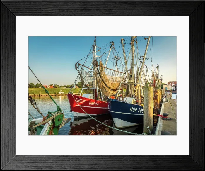 Framed Print : Shrimp boats in the harbor of Greetsiel at sunset, East Frisia, Lower Saxony, Germany