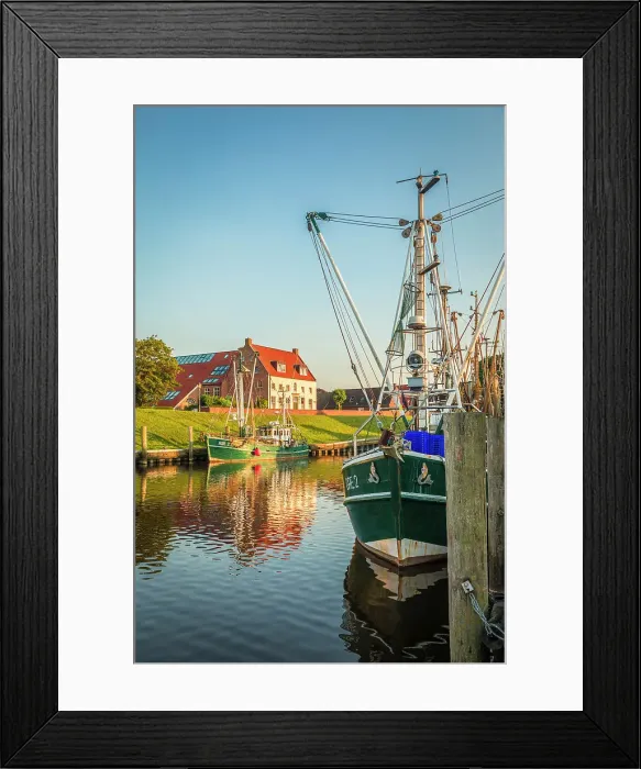 Framed Print : Shrimp boats in the harbor of Greetsiel at sunset, East Frisia, Lower Saxony, Germany Framed Print : Shrimp boats in the harbor of Greetsiel at sunset, East Frisia, Lower Saxony, Germany