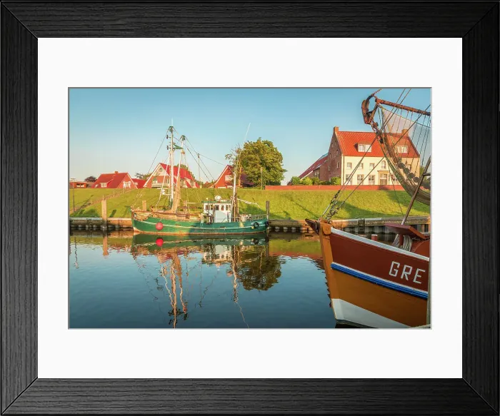 Framed Print : Shrimp boats in the harbor of Greetsiel at sunset, East Frisia, Lower Saxony, Germany
