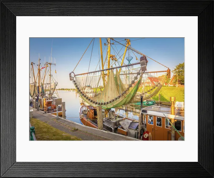 Framed Print : Shrimp boats in the harbor of Greetsiel at sunset, East Frisia, Lower Saxony, Germany Framed Print : Shrimp boats in the harbor of Greetsiel at sunset, East Frisia, Lower Saxony, Germany
