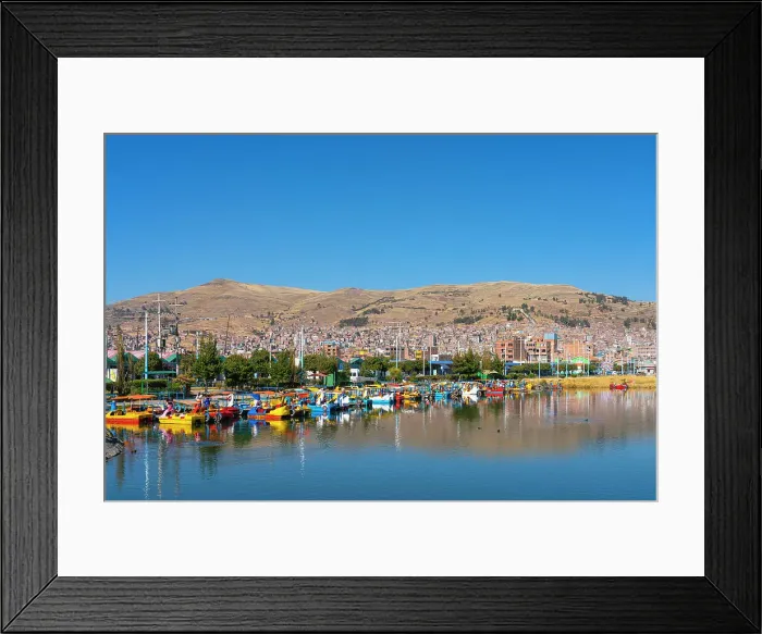 Framed Print : Harbor with tourist paddle boats at Lake Titicaca, Puno, Puno Province, Puno Region, Peru Framed Print : Harbor with tourist paddle boats at Lake Titicaca, Puno, Puno Province, Puno Region, Peru