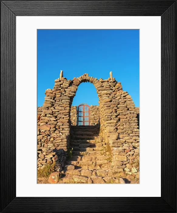 Framed Print : Stone arch on top of Pachatata ceremonial center, Amantani Island, Lake Titicaca, Puno Province, Puno Region, Peru