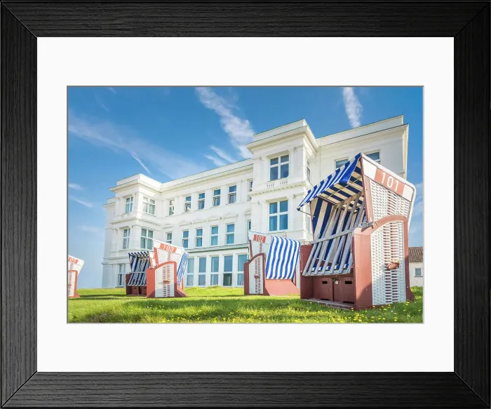 Framed Print : Beach chairs in front of a historic hotel house on the western beach of Norderney, East Frisian Islands, East Frisia, Lower Saxony, Germany Framed Print : Beach chairs in front of a historic hotel house on the western beach of Norderney, East Frisian Islands, East Frisia, Lower Saxony, Germany
