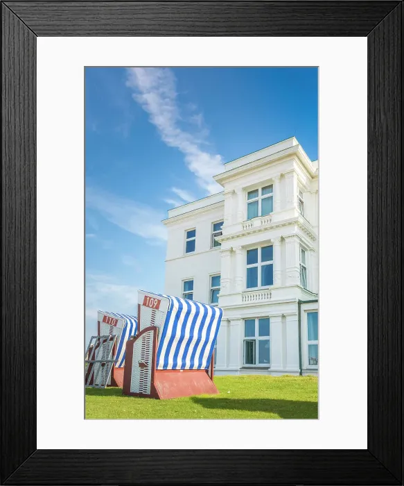 Framed Print : Beach chairs in front of a historic hotel house on the western beach of Norderney, East Frisian Islands, East Frisia, Lower Saxony, Germany Framed Print : Beach chairs in front of a historic hotel house on the western beach of Norderney, East Frisian Islands, East Frisia, Lower Saxony, Germany