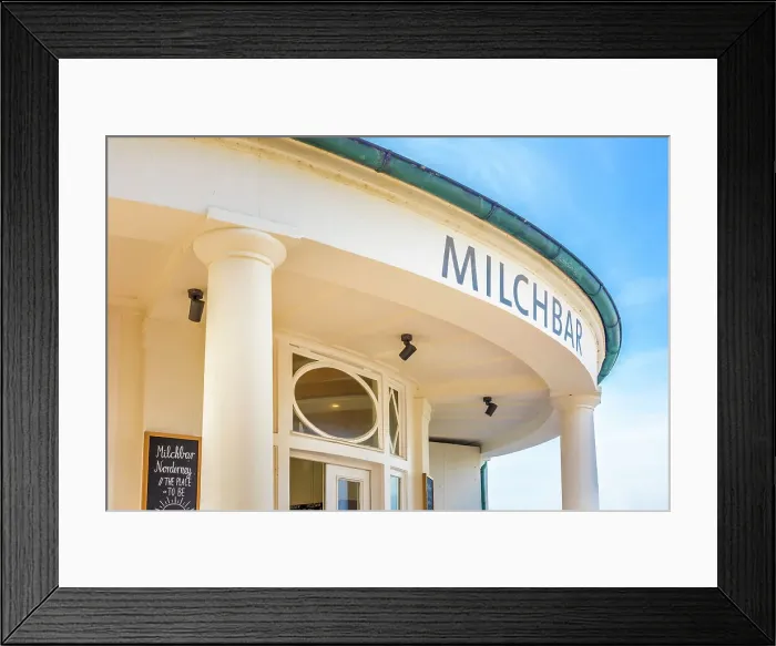 Framed Print : Historic milk bar from 1935 on the western beach of Norderney, East Frisian Islands, East Frisia, Lower Saxony, Germany Framed Print : Historic milk bar from 1935 on the western beach of Norderney, East Frisian Islands, East Frisia, Lower Saxony, Germany