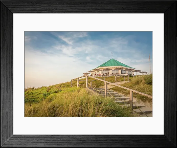 Framed Print : Traditional Cafe Marienhoehe on the western beach of Norderney at sunset, East Frisian Islands, East Frisia, Lower Saxony, Germany Framed Print : Traditional Cafe Marienhoehe on the western beach of Norderney at sunset, East Frisian Islands, East Frisia, Lower Saxony, Germany