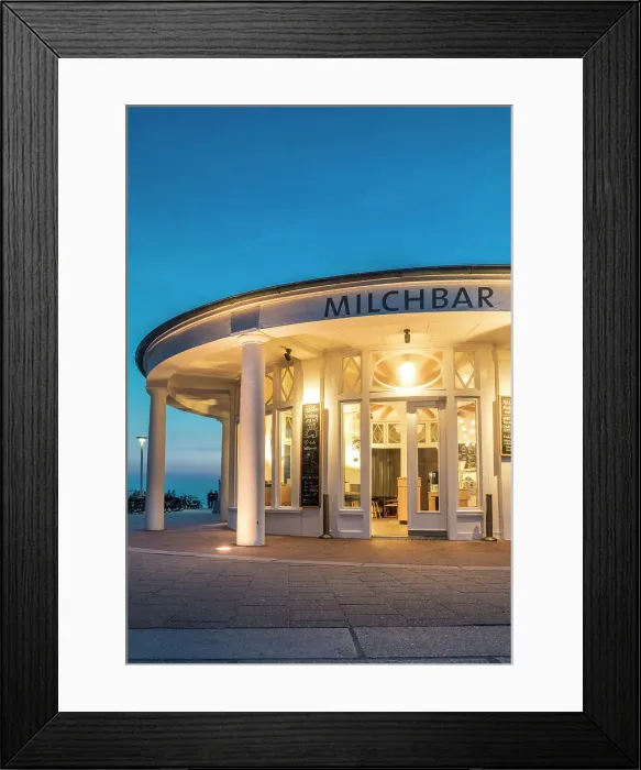 Framed Print : Historic milk bar from 1935 on the western beach of Norderney at blue hour, East Frisian Islands, East Frisia, Lower Saxony, Germany Framed Print : Historic milk bar from 1935 on the western beach of Norderney at blue hour, East Frisian Islands, East Frisia, Lower Saxony, Germany