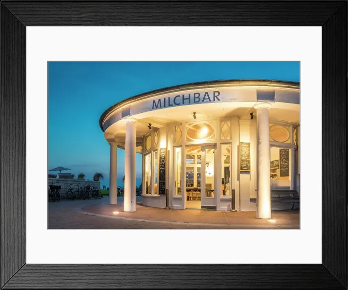 Framed Print : Historic milk bar from 1935 on the western beach of Norderney at blue hour, East Frisian Islands, East Frisia, Lower Saxony, Germany Framed Print : Historic milk bar from 1935 on the western beach of Norderney at blue hour, East Frisian Islands, East Frisia, Lower Saxony, Germany