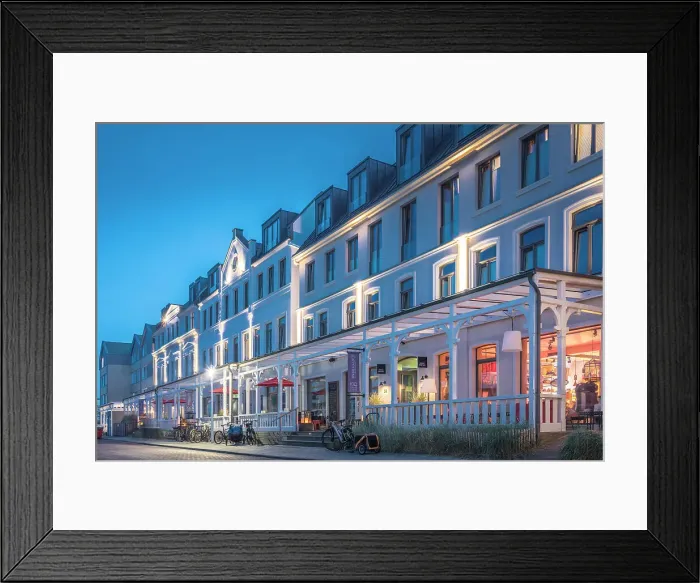 Framed Print : Historic hotels on the western beach of Norderney at blue hour, East Frisian Islands, East Frisia, Lower Saxony, Germany Framed Print : Historic hotels on the western beach of Norderney at blue hour, East Frisian Islands, East Frisia, Lower Saxony, Germany