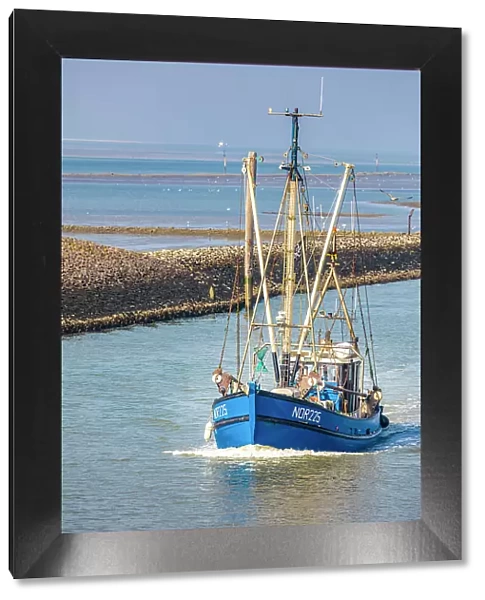 Shrimp boats at the harbor entrance of Norddeich, East Frisian Islands, East Frisia, Lower Saxony, Germany