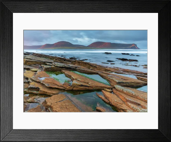 Framed Print : Morning sunlight on the mountains of Hoy from the distinctive ledges of Warebeth, Mainland, Orkney, Scotland. Autumn (October) 2022 Framed Print : Morning sunlight on the mountains of Hoy from the distinctive ledges of Warebeth, Mainland, Orkney, Scotland. Autumn (October) 2022