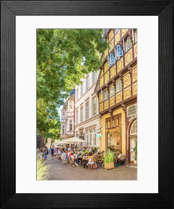 Framed Print : Street cafes and Degodehaus in the old town of Oldenburg, Oldenburger Land, Lower Saxony, Germany