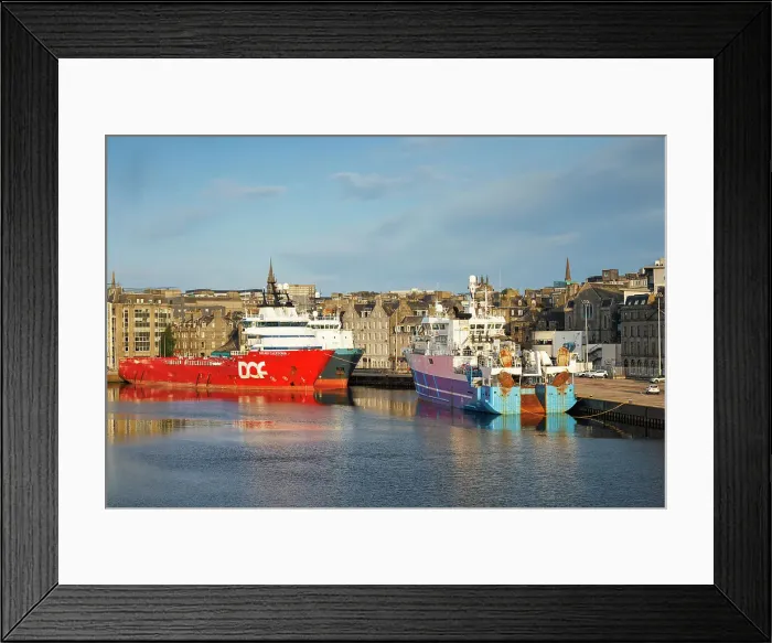 Framed Print : Boats at sea port with the City of Aberdeen, Aberdeen, Scotland, UK