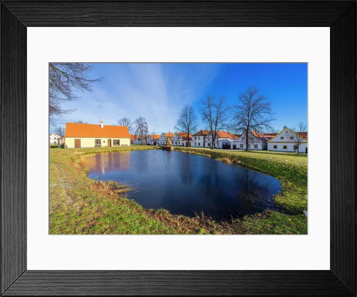 Framed Print : Pond in Holasovice and houses of rural Baroque, UNESCO, Jankov, Ceske Budejovice, South Bohemian Region, Czech Republic Framed Print : Pond in Holasovice and houses of rural Baroque, UNESCO, Jankov, Ceske Budejovice, South Bohemian Region, Czech Republic