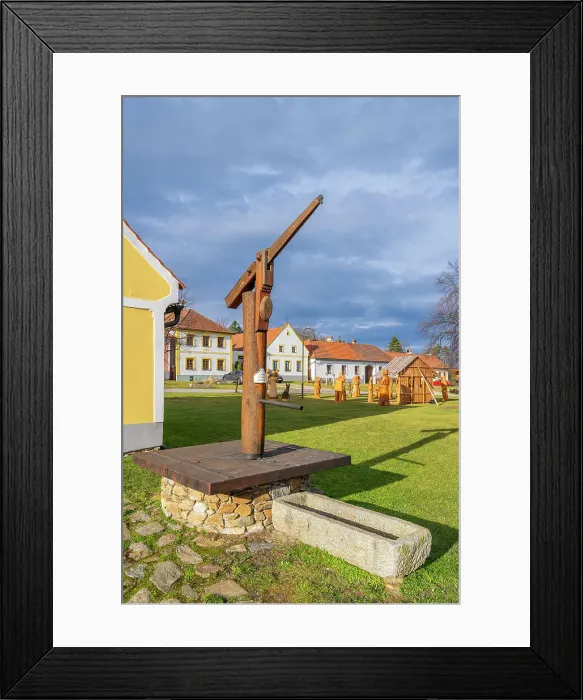 Framed Print : Old wooden pump at Holasovice square, UNESCO, Jankov, Ceske Budejovice, South Bohemian Region, Czech Republic Framed Print : Old wooden pump at Holasovice square, UNESCO, Jankov, Ceske Budejovice, South Bohemian Region, Czech Republic
