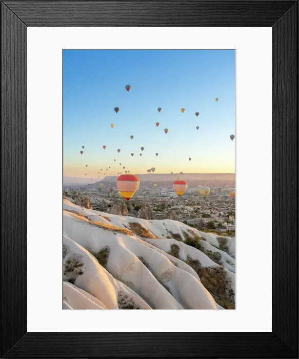 Framed Print : Rock formations, hot air balloons at sunrise, Goreme, Goreme Historical National Park, Nevsehir District, Nevsehir Province, UNESCO, Cappadocia, Central Anatolia Region, Turkey
