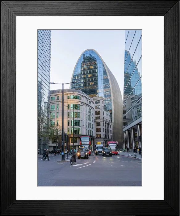 Framed Print : A street scene looking towards 70 St Mary Axe also known as The Can of Ham, City of London, London, England, Uk