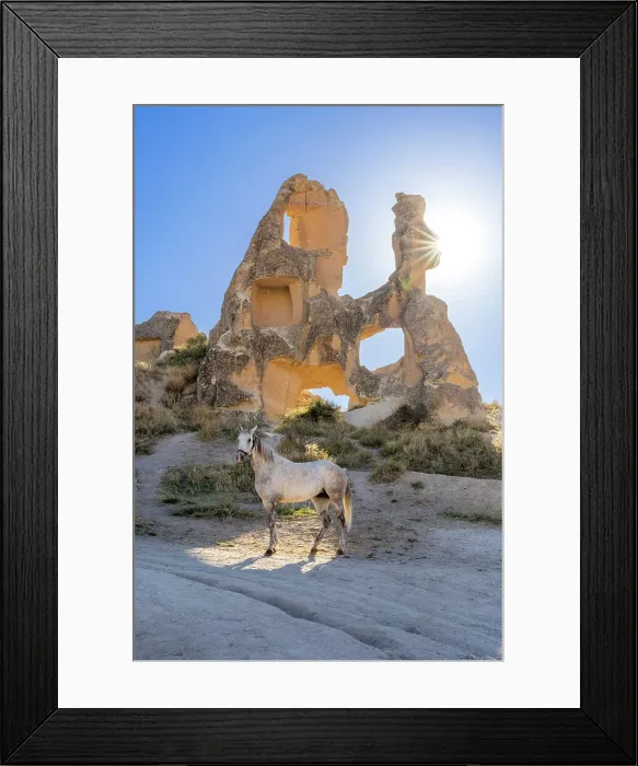 Framed Print : White horse in front of rock formation, Goreme, Goreme Historical National Park, Nevsehir District, Nevsehir Province, UNESCO, Cappadocia, Central Anatolia Region, Turkey